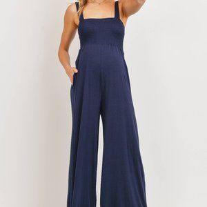 Square Neck Smocked Maternity Jumpsuit